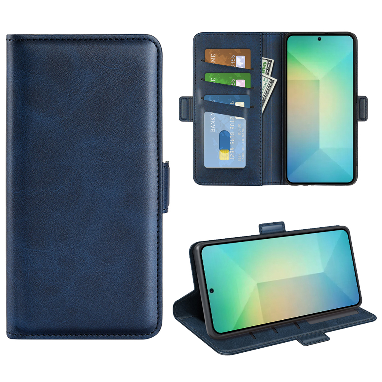 Étui de téléphone bleu ouvert. Design portefeuille avec cartes, espèces et écran visible.