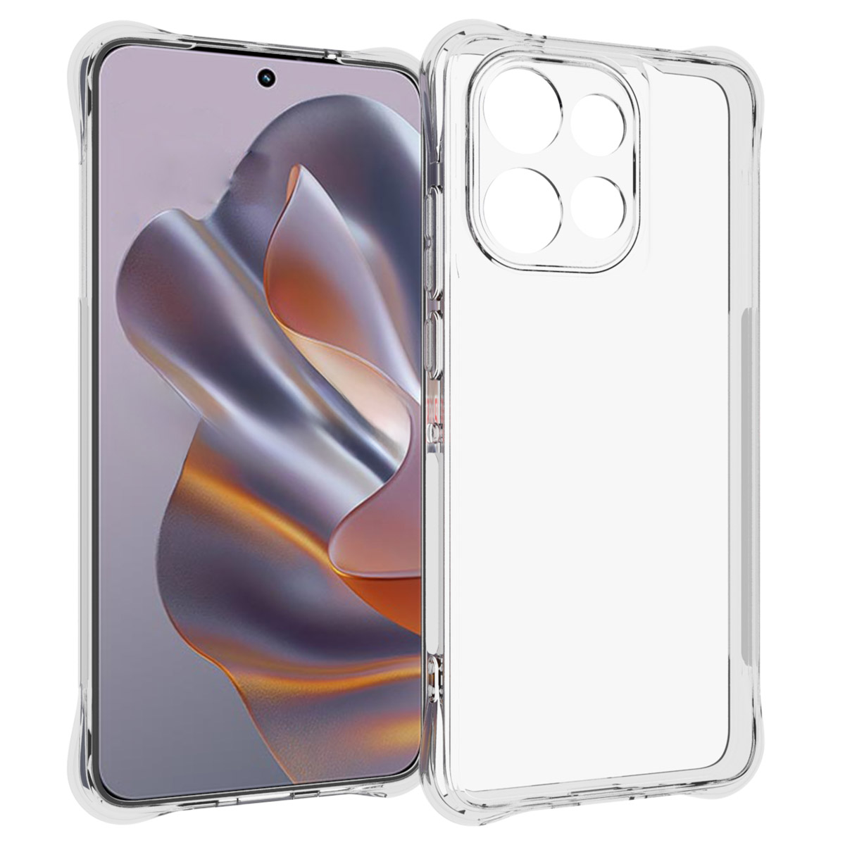 Een doorzichtige telefoonhoes, met een telefoon erin. De hoes heeft uitsparingen voor de camera.
