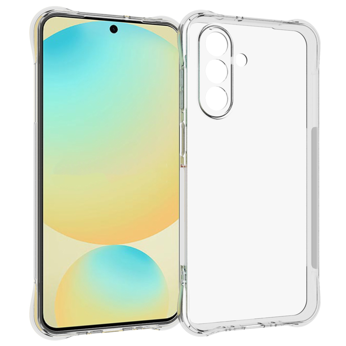 Een transparante telefoonhoes op een telefoon. De case is transparant en het scherm geel en blauw.