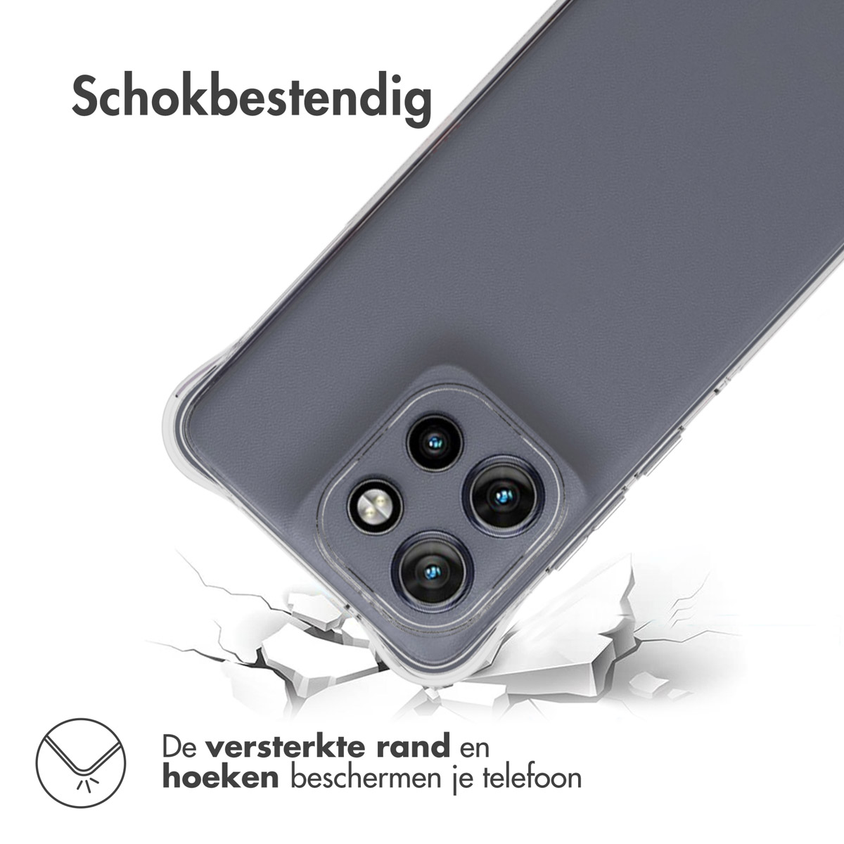 Telefoon in een hoesje, met scheuren eromheen, tekst: Schokbestendig. Versterkte randen beschermen.
