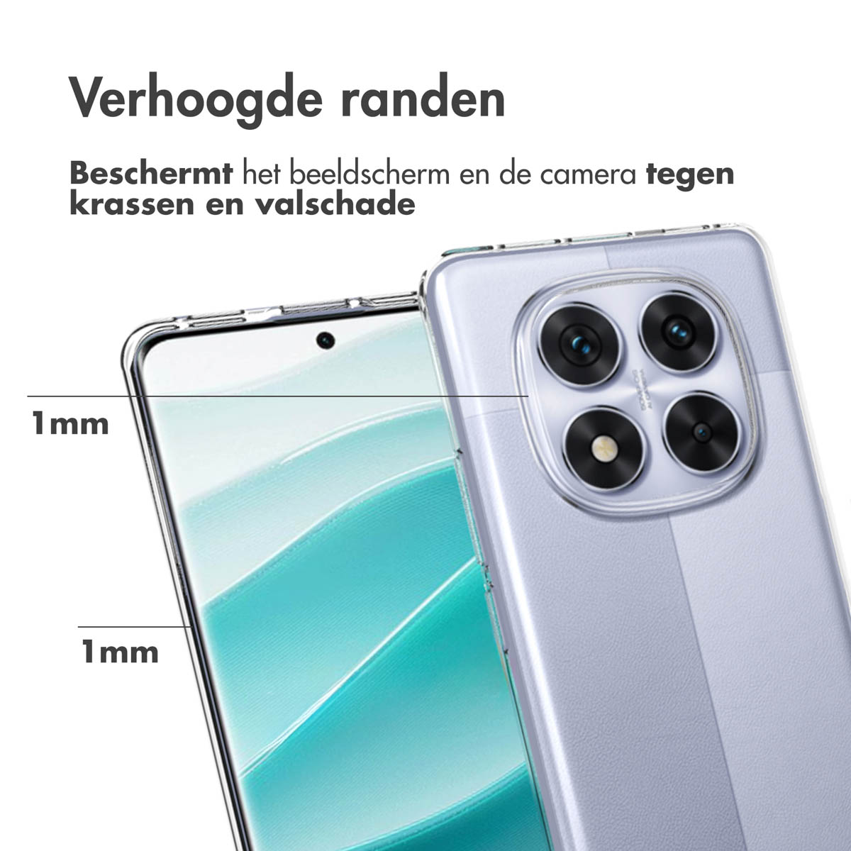 Un étui de téléphone sur un téléphone, montrant les bords surélevés de 1 mm pour protéger l'écran et l'appareil photo.