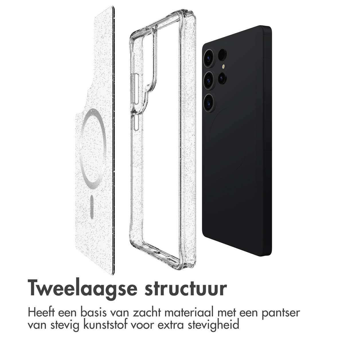 Composants de l'étui du téléphone disposés. Texte: Structure à deux couches. Base souple, plastique dur.
