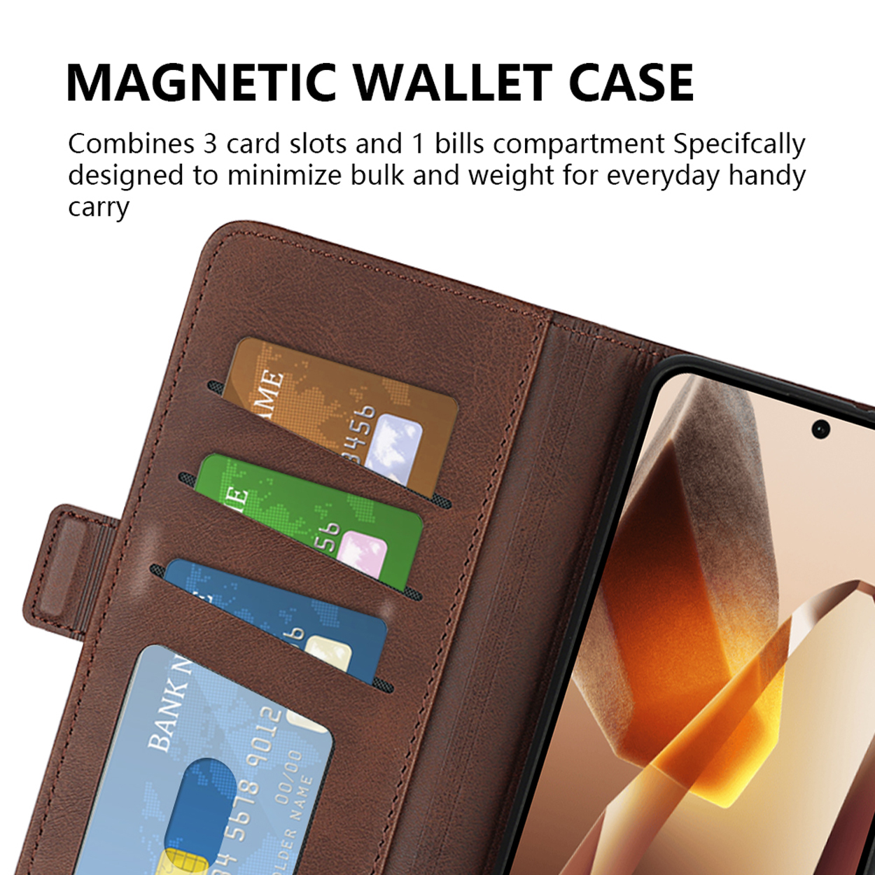 Bruine telefoonportemonnee, open met kaarten en geld. Telefoonscherm zichtbaar. Magnetische portemonnee.