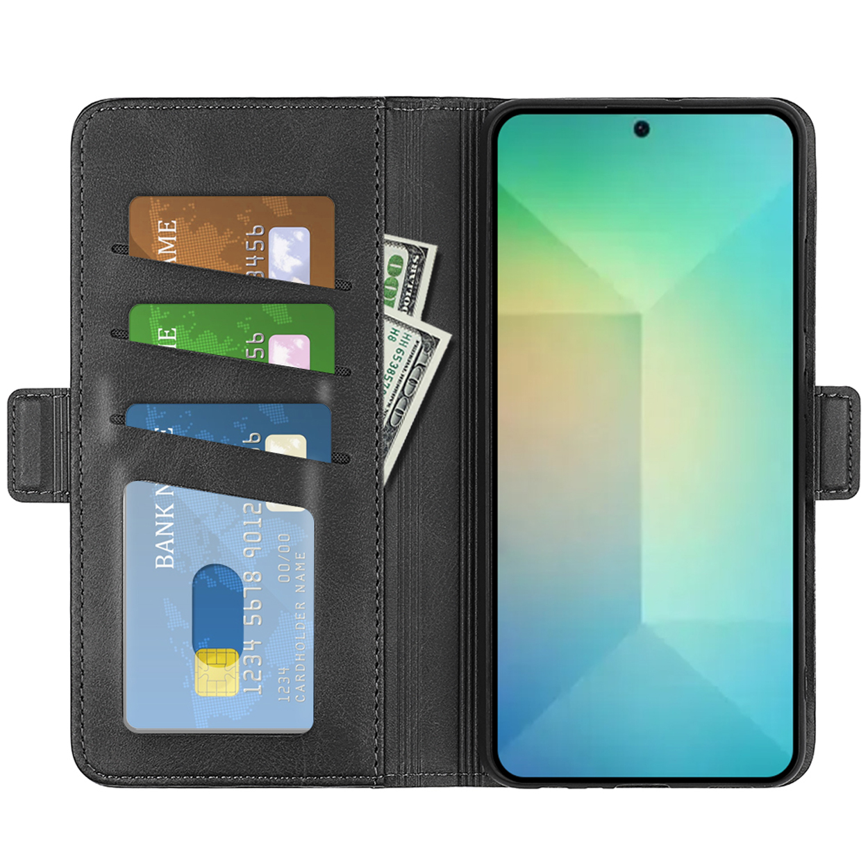 Intérieur d'étui noir avec fentes pour cartes, argent liquide et un téléphone montrant l'écran.