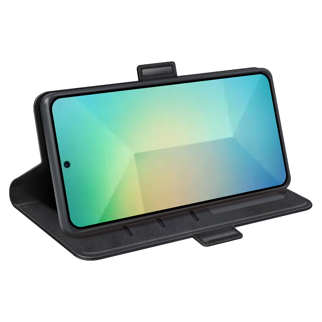Étui de téléphone en cuir noir avec un téléphone à l'intérieur. L'étui est ouvert, montrant l'écran.