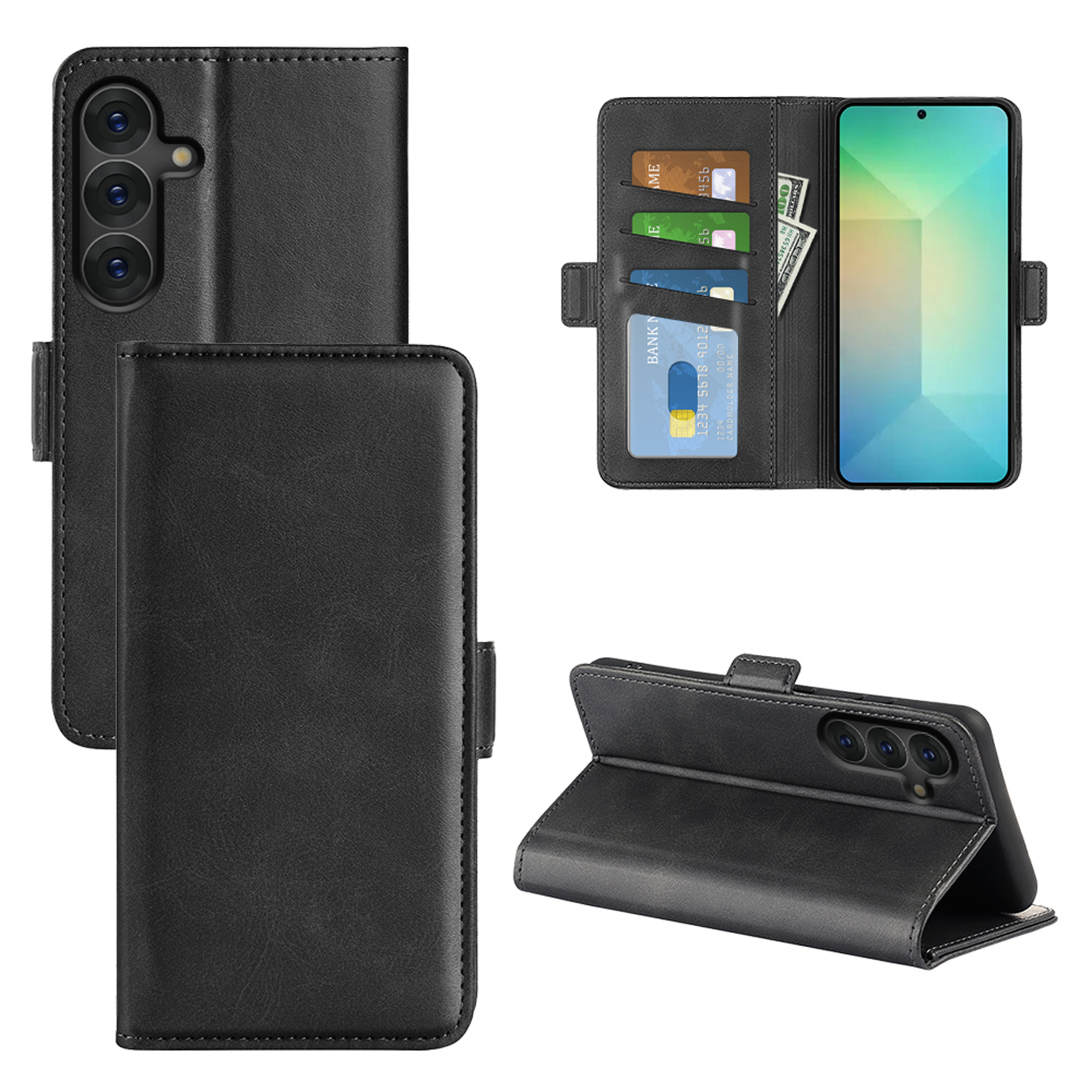 Étui de téléphone en cuir noir ouvert, avec cartes et argent. Le téléphone est noir.