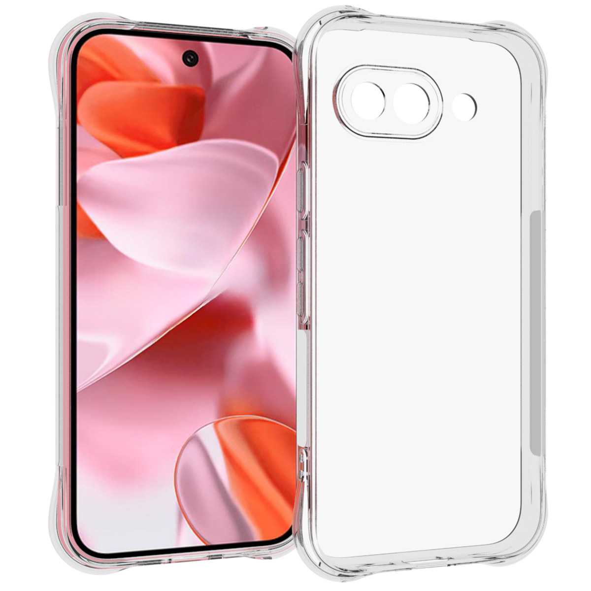 Transparante telefoonhoes met een telefoon erin. Roze en oranje achtergrond zichtbaar door het scherm.