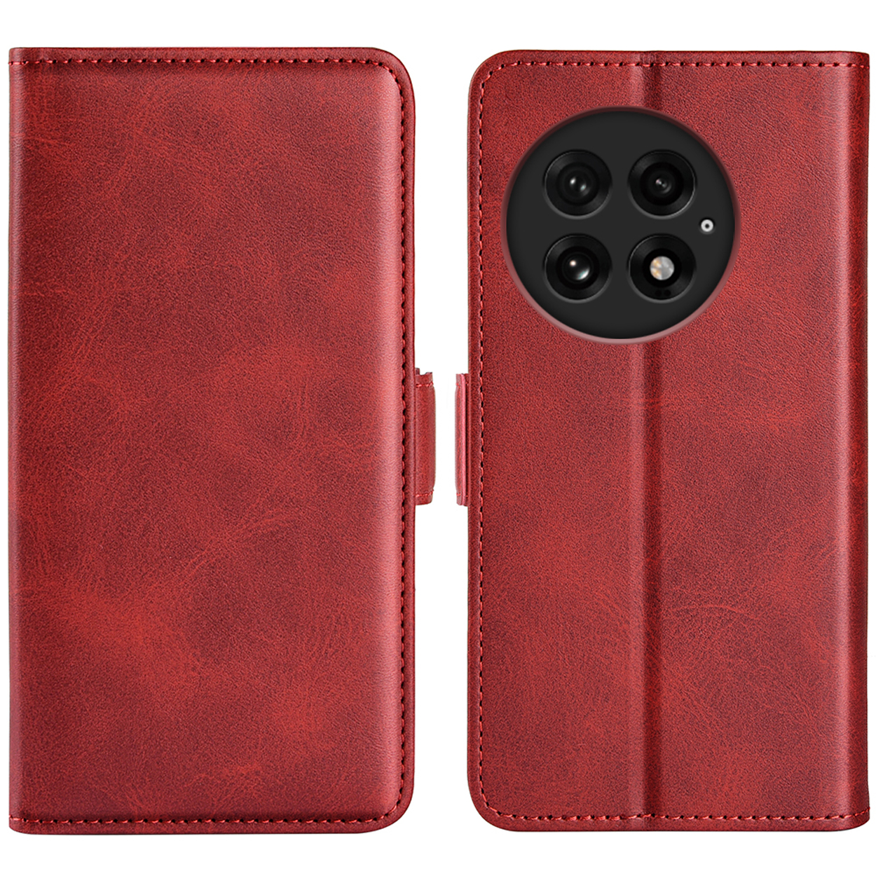 Rode leren telefoonhoes met telefoon. De telefoon is zichtbaar op de hoes en binnenin.