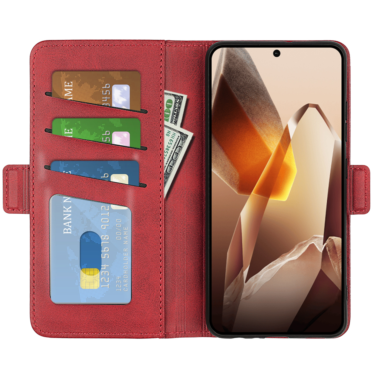 Rode leren telefoonhoes open, met kaarten, contant geld en een telefoon met een scherm.