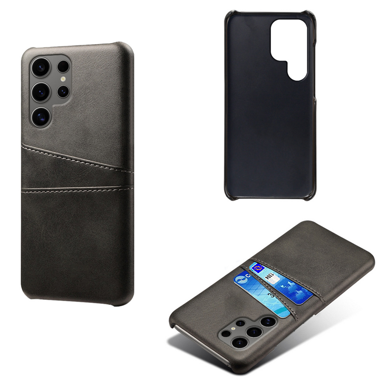 Coque de téléphone grise avec fentes pour cartes et vue du téléphone.