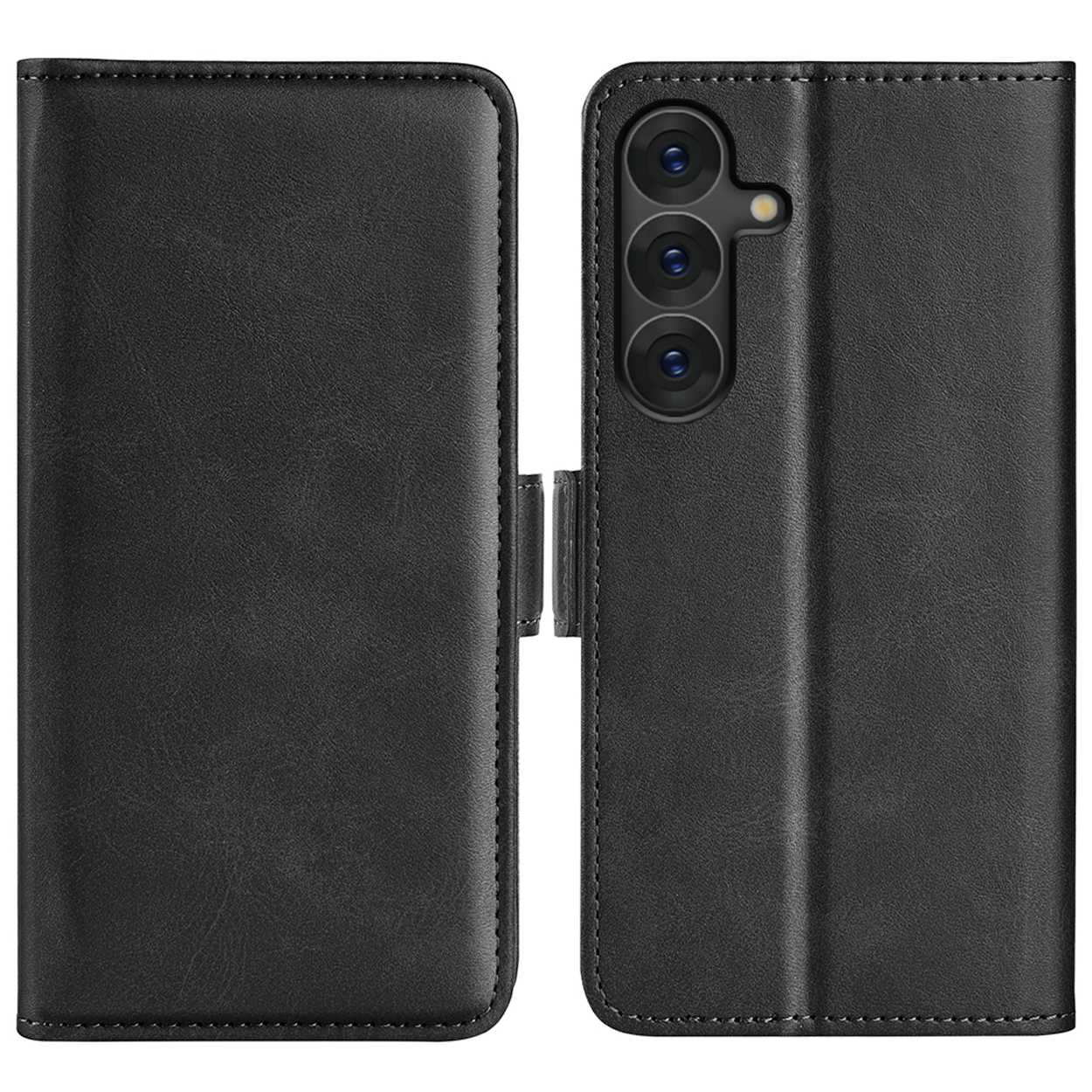 Zwarte leren telefoonhoes, open en dicht, met magnetische sluiting en camera-uitsparingen.