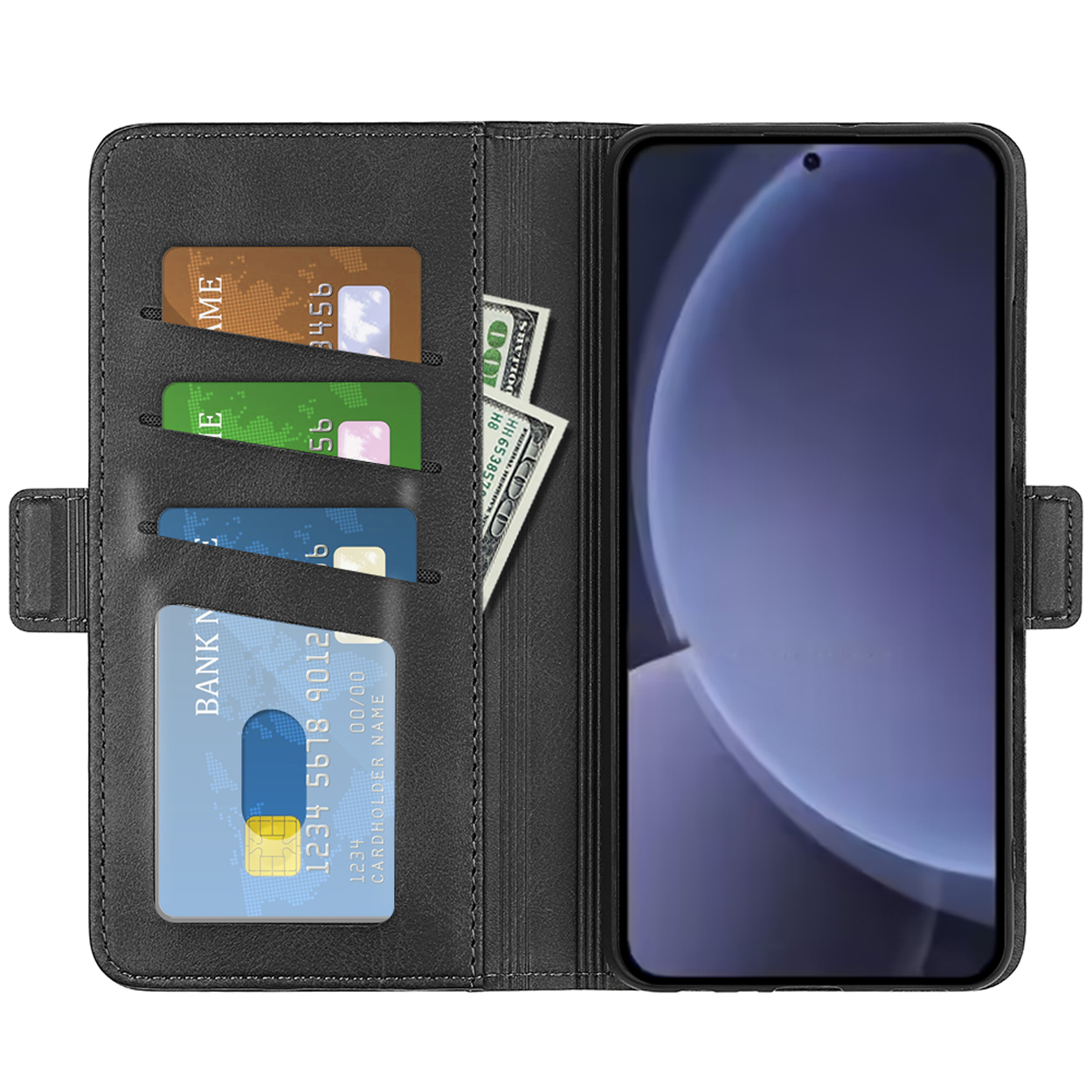 Zwarte telefoonhoes. Kaarten en contant geld. Telefoon rechts. Kaarten in de linker sleuven. Zwarte achtergrond.