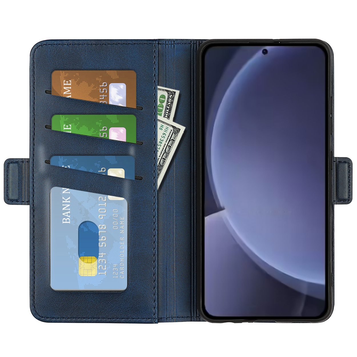 Étui de téléphone bleu ouvert, avec téléphone, cartes et argent visibles.