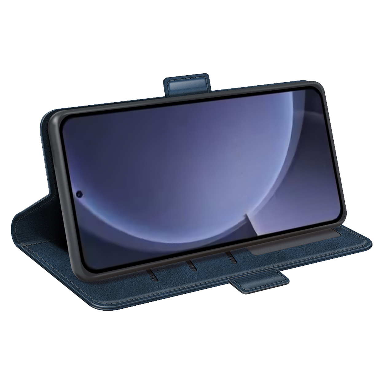 Étui de téléphone bleu ouvert, montrant l'écran. Étui en cuir bleu avec téléphone noir.