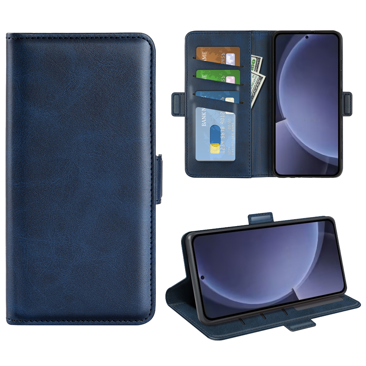 Étui de téléphone bleu ouvert, montrant téléphone, cartes et argent.