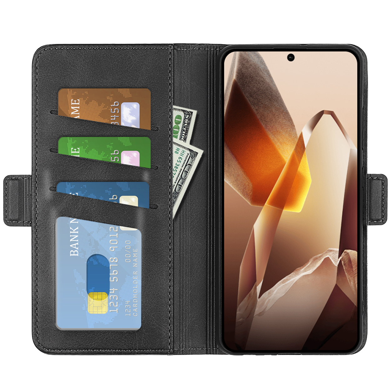 Zwarte leren telefoonhoes open, met kaarten, contant geld en een telefoon met een scherm.