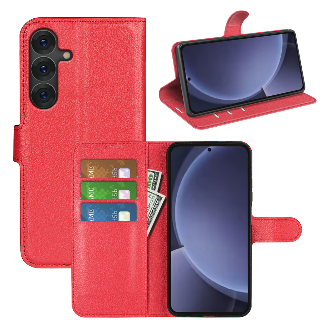 Étui de téléphone rouge avec plusieurs vues, y compris des fentes pour cartes et un téléphone.