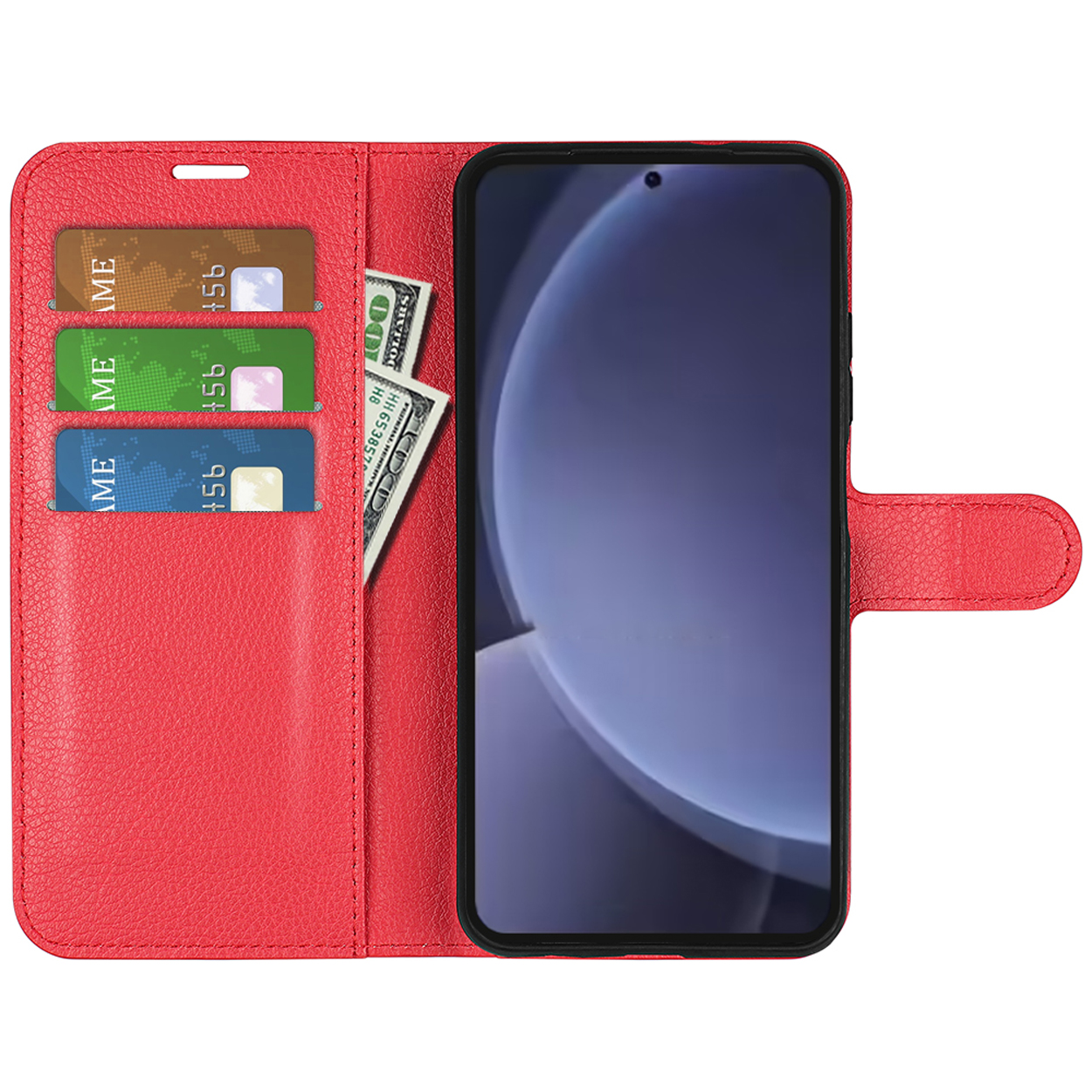 Étui de téléphone en cuir rouge ouvert avec cartes et billet à l'intérieur, et téléphone à écran sombre.