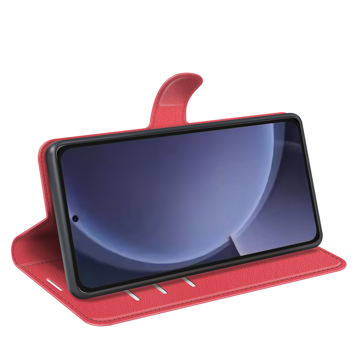 Portefeuille de téléphone rouge ouvert avec un téléphone à l'intérieur. L'écran est allumé.