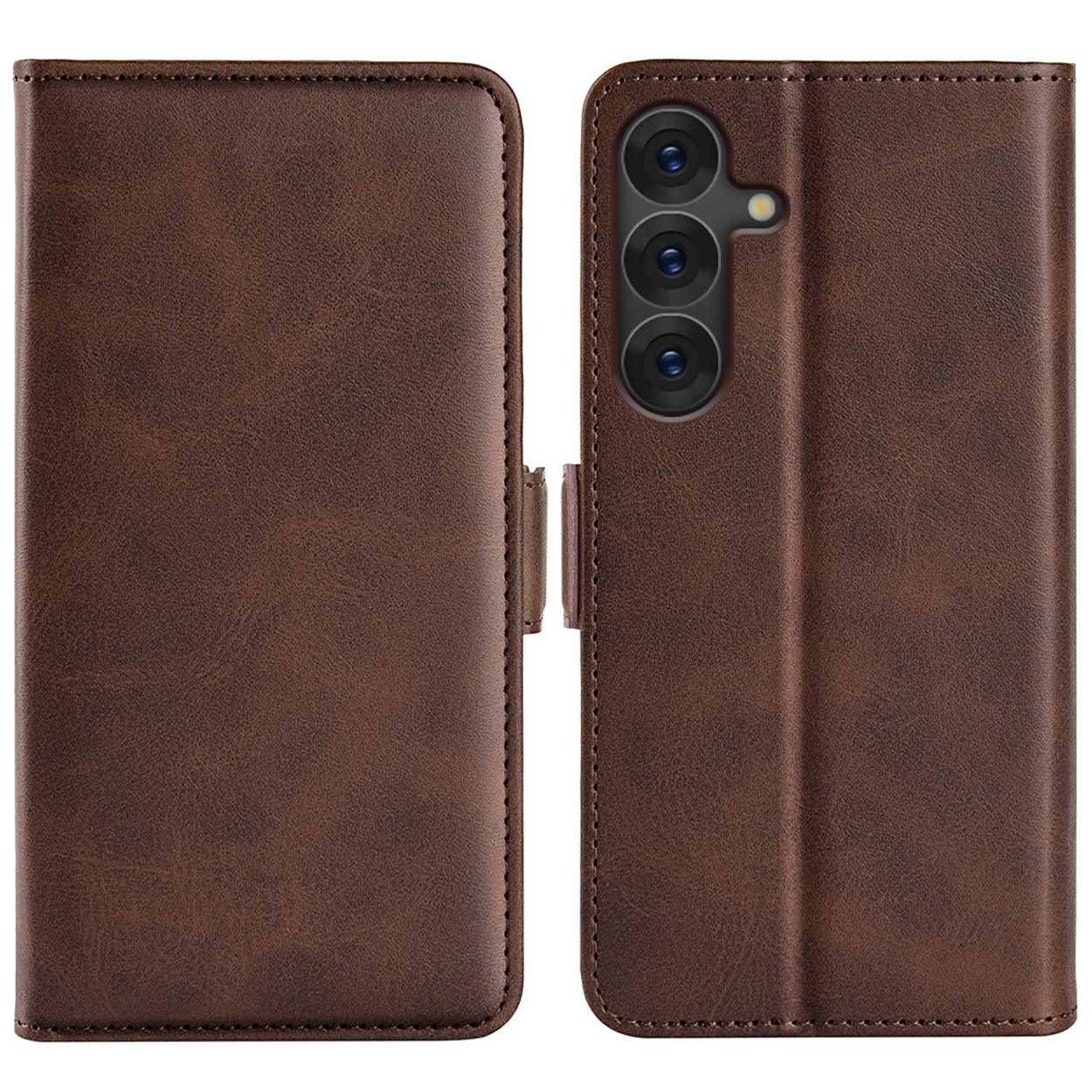 Étui de téléphone marron ouvert et fermé. Étui de téléphone avec découpes pour l'appareil photo. Matériau marron semblable au cuir.