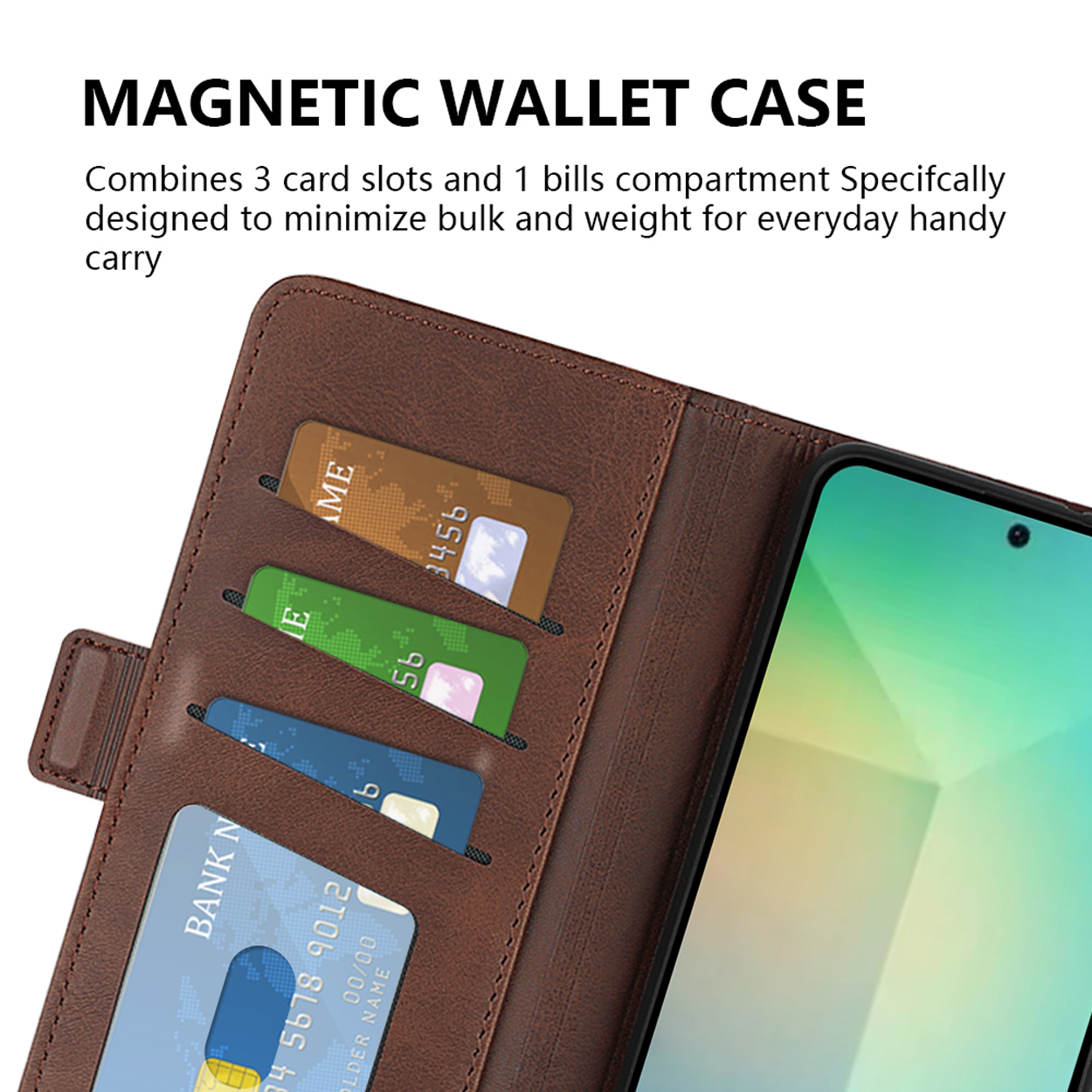 Étui portefeuille en cuir marron ouvert, révélant des emplacements pour cartes et un téléphone. Cartes visibles, téléphone à droite.