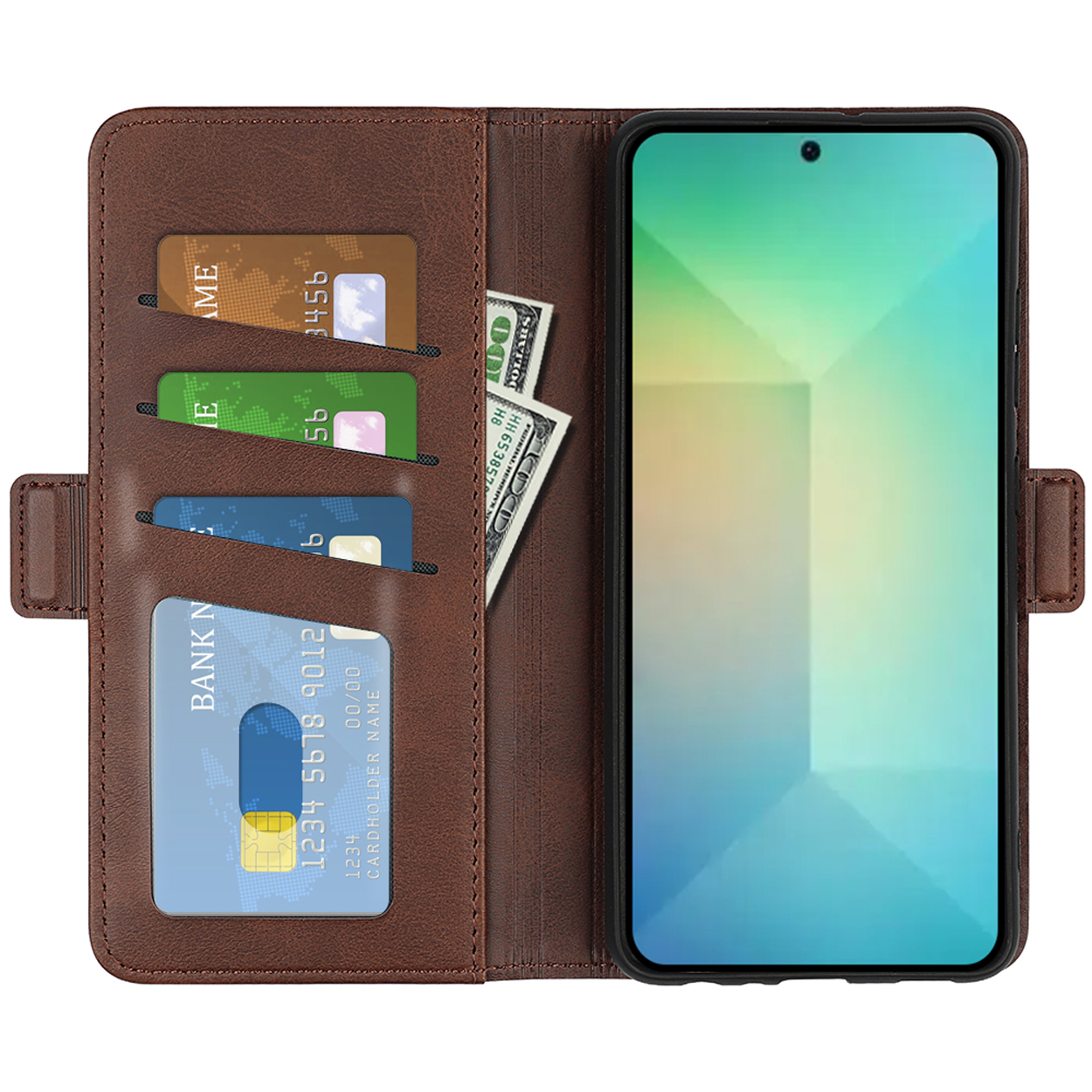 Étui en cuir marron, ouvert. Montre cartes et dollars, téléphone à l'intérieur.