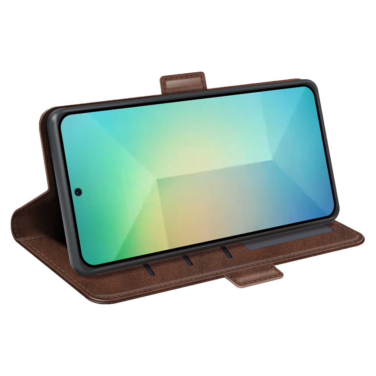 Un étui de téléphone en cuir marron avec un téléphone à l'intérieur, positionné en angle, montrant l'écran.