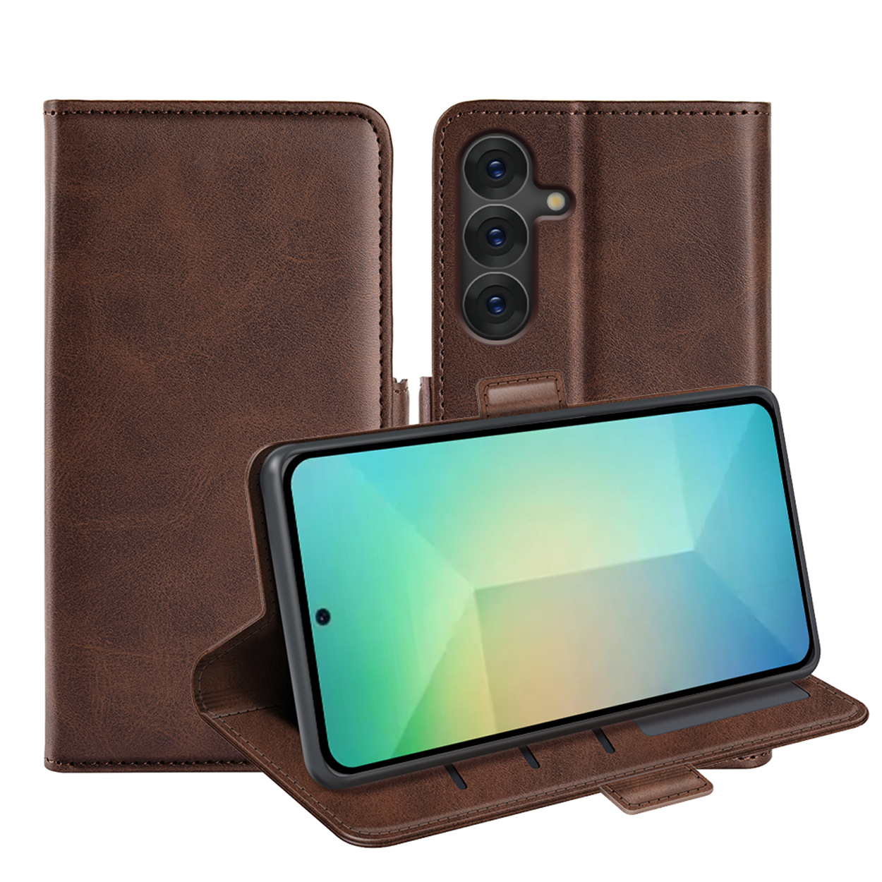 Étui de téléphone en cuir marron ouvert, avec téléphone à l'intérieur. Le téléphone est noir.