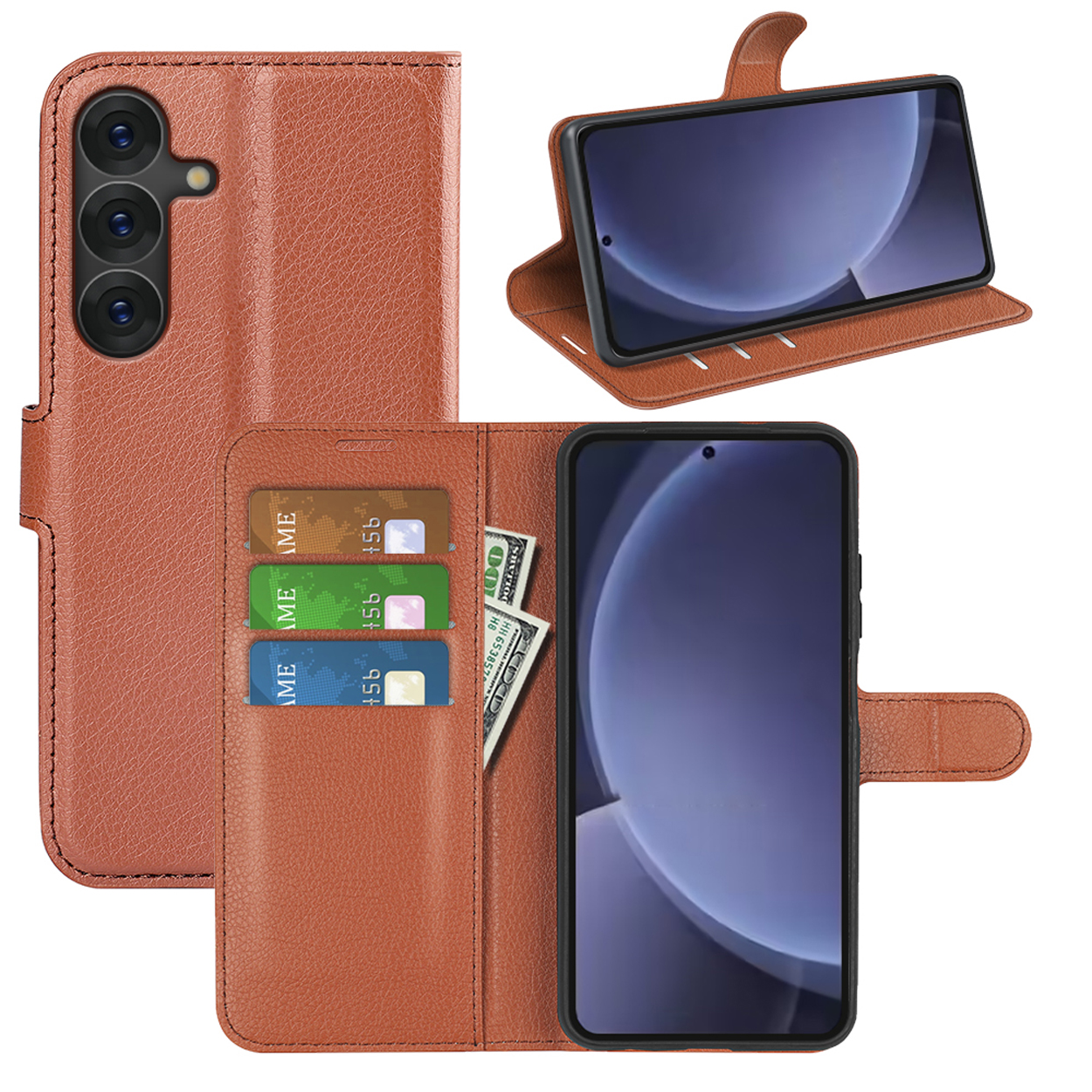 Étui de téléphone en cuir marron avec téléphone, cartes de crédit et argent liquide. L'étui est ouvert.