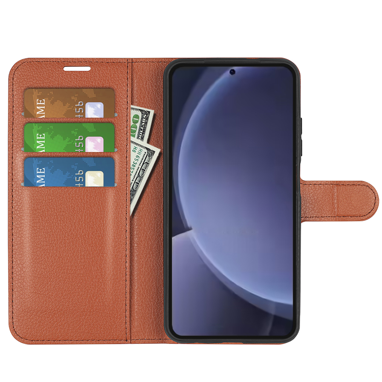 Étui de téléphone marron avec des fentes pour cartes, un téléphone à l'intérieur et de l'argent liquide.
