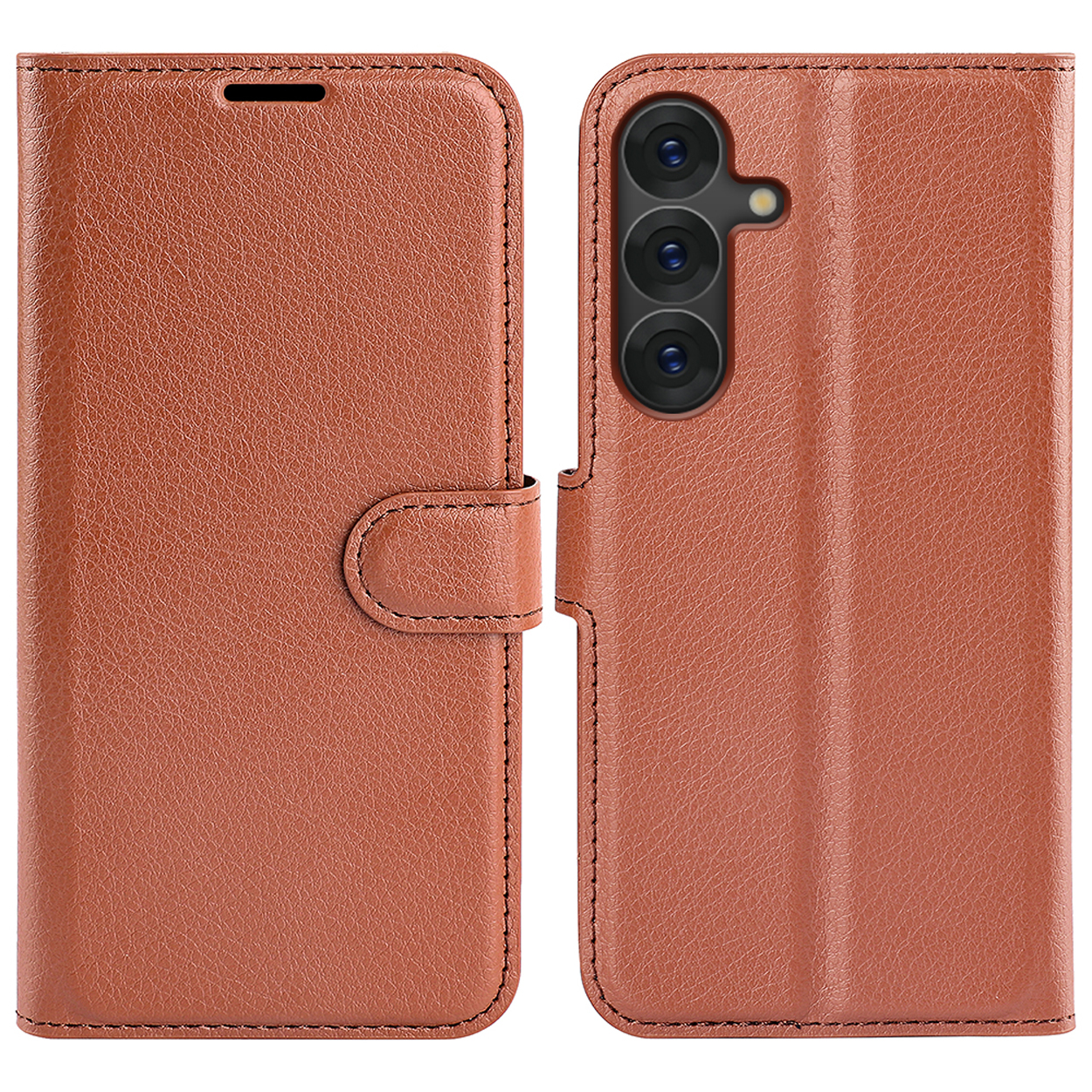 Étui de téléphone marron, fermé. Avec fermeture magnétique et téléphone avec caméra.