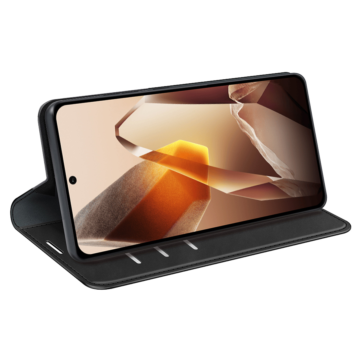 Zwarte telefoonhoes met telefoon erin. De hoes is open, scherm is zichtbaar, kleurrijke achtergrond.