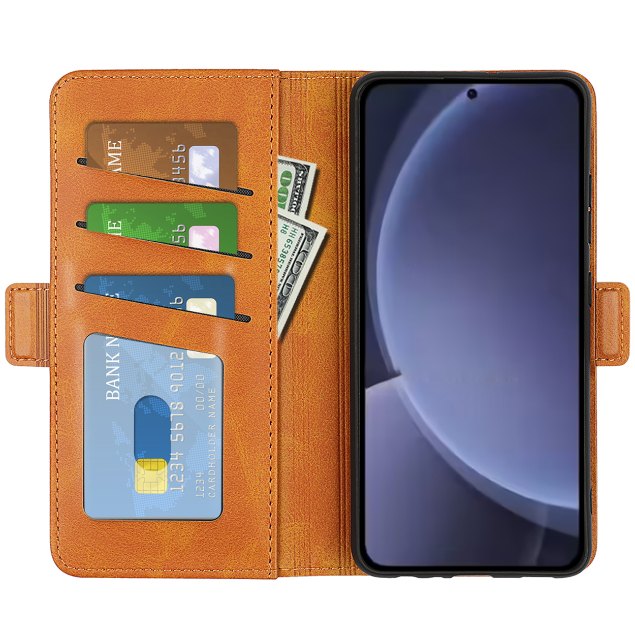 Étui orange ouvert, avec cartes et argent. Écran du téléphone allumé. Étui ouvert.