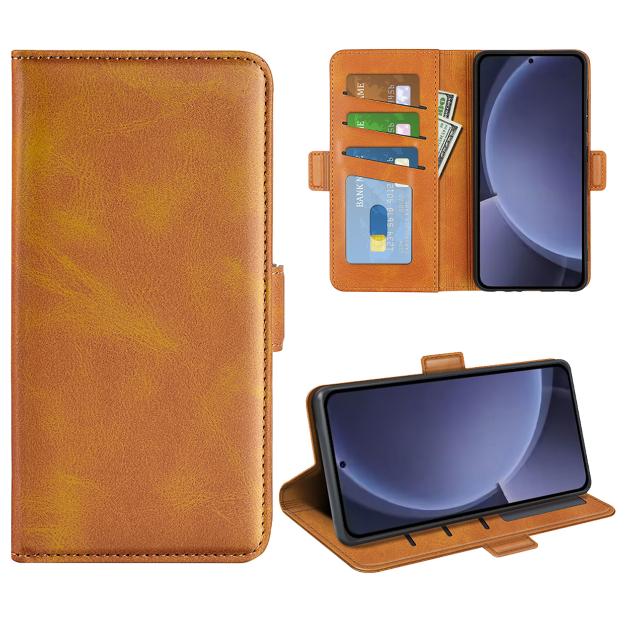 Étui de téléphone en cuir marron, ouvert et fermé, avec cartes et téléphone.