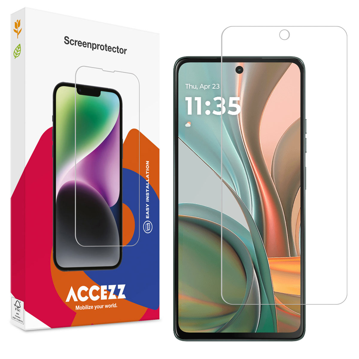 Telefoonschermbeschermer doos en beschermer, naast een telefoonscherm.