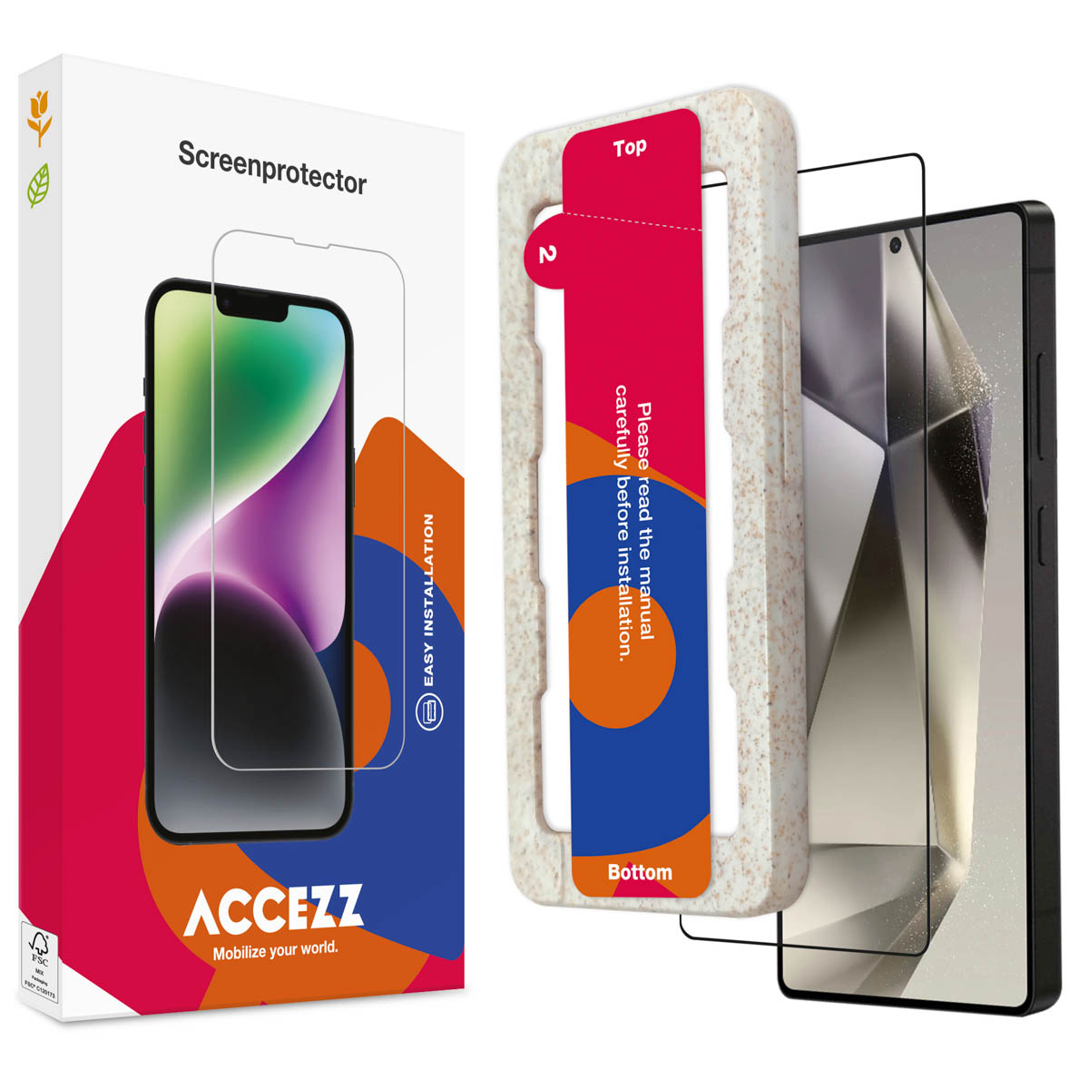 Een schermbeschermerdoos met een telefoon, een schermbeschermer erin en instructies.