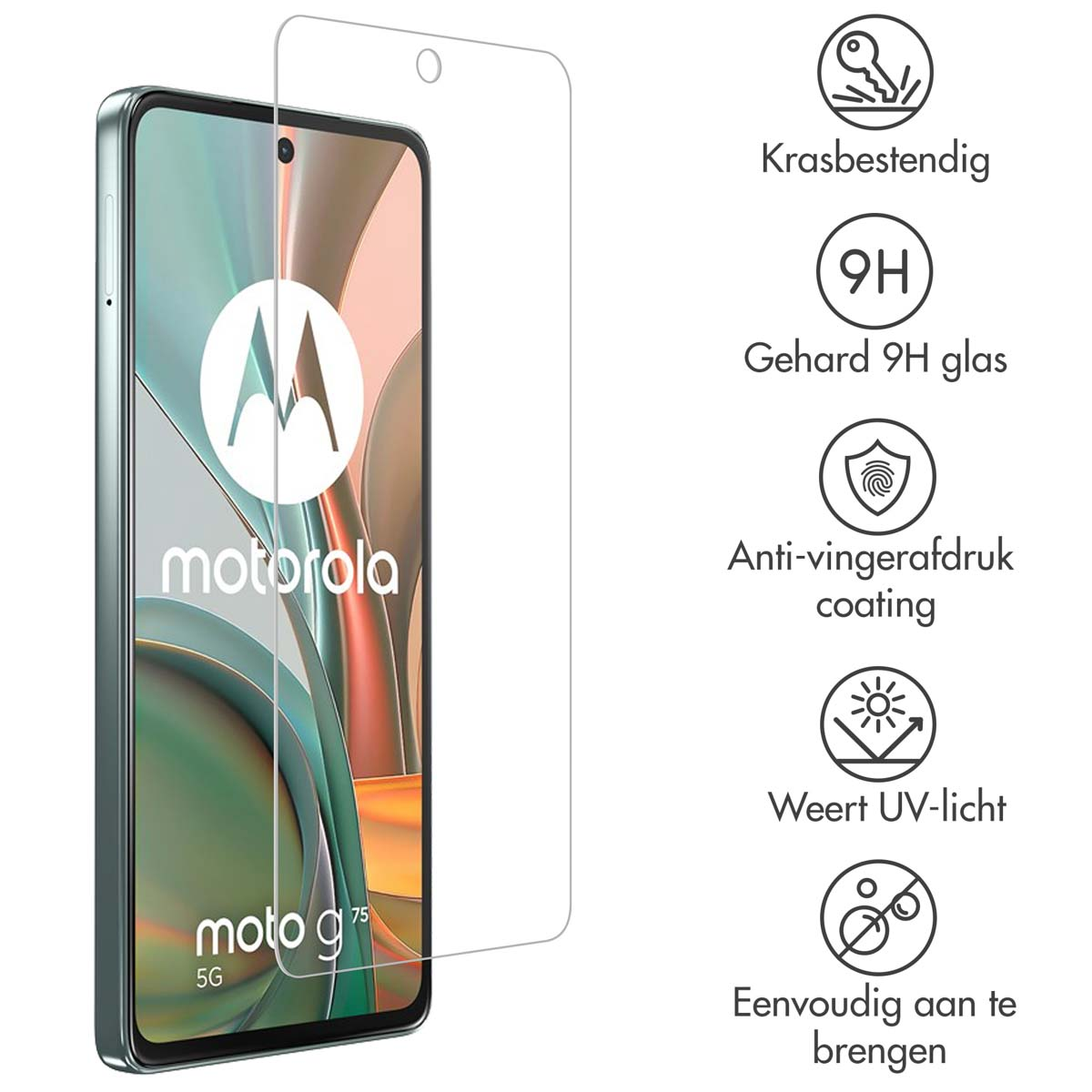 Een telefoon met een schermbeschermer. De beschermer toont iconen voor krasbestendigheid, UV-bescherming, etc.