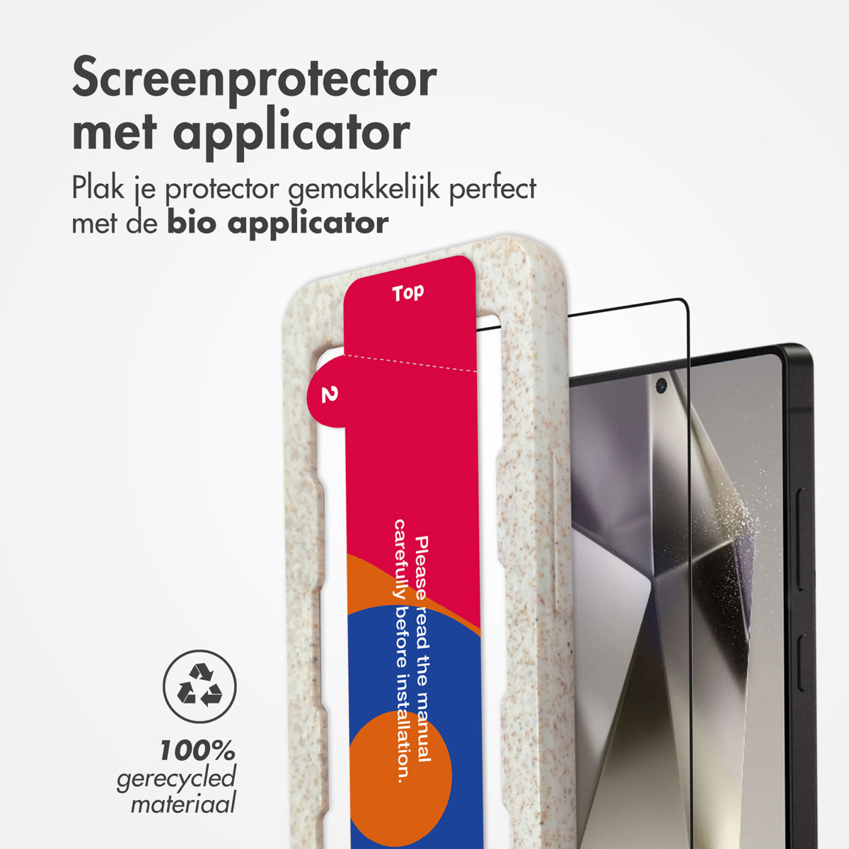 Telefoon en hoesje met schermbeschermer en applicator. Een rood-wit label zegt: lees de handleiding.