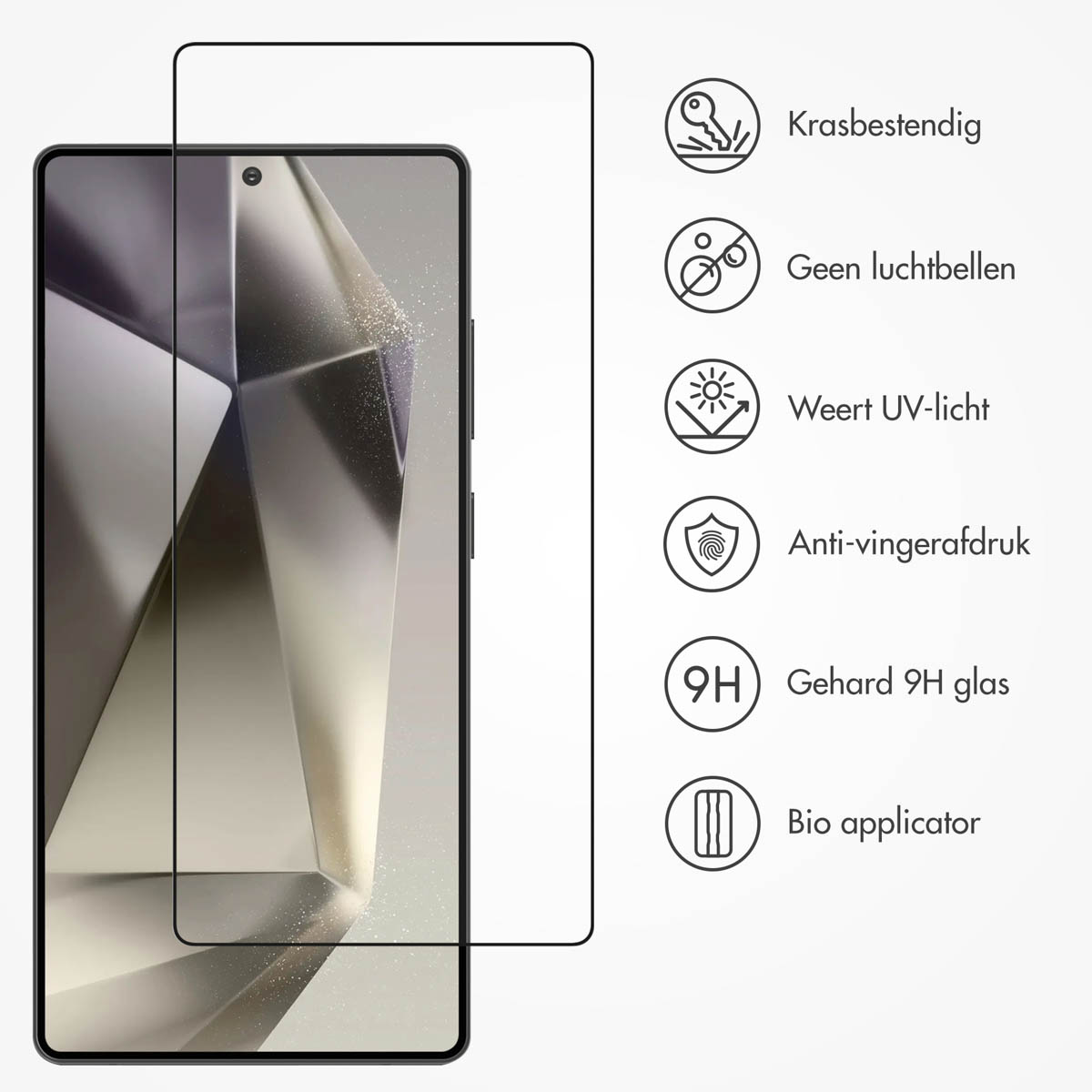 Telefoonschermbeschermer en een telefoon. Beschermer heeft tekst over functies.