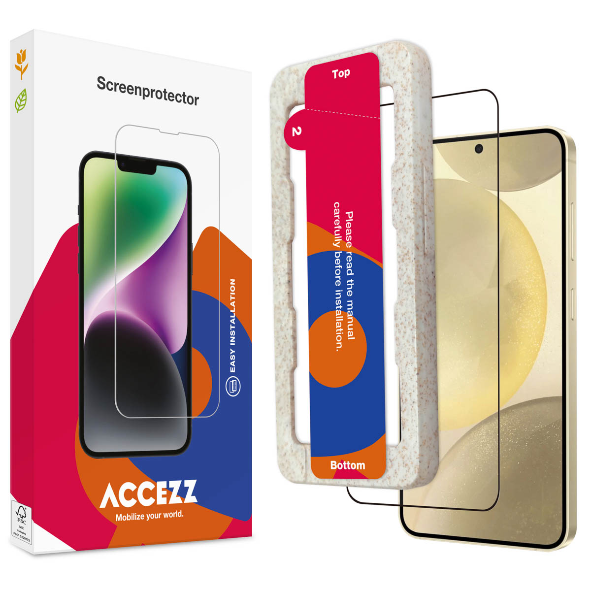 Screenprotector kit met doos, scherm en installatiegids.