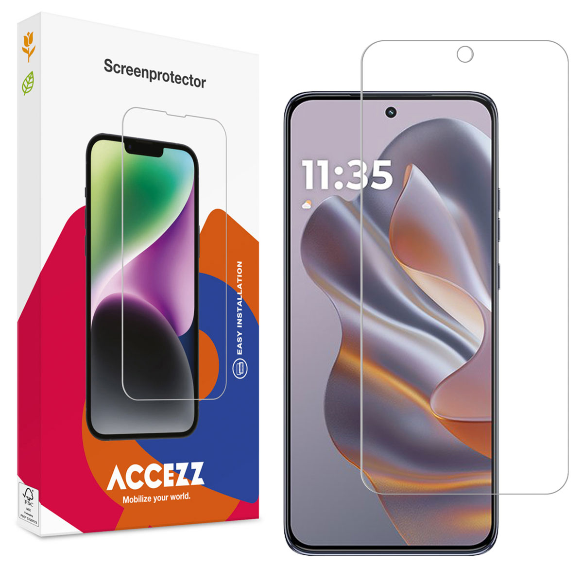 Protecteur d'écran de téléphone dans une boîte et téléphone à côté. Affiche l'écran.