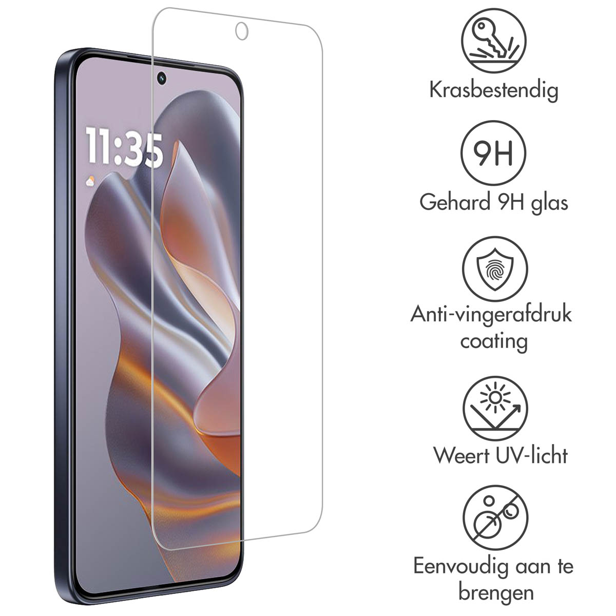 Un téléphone avec un protecteur d'écran et des icônes, dont la protection UV et anti-empreintes digitales.