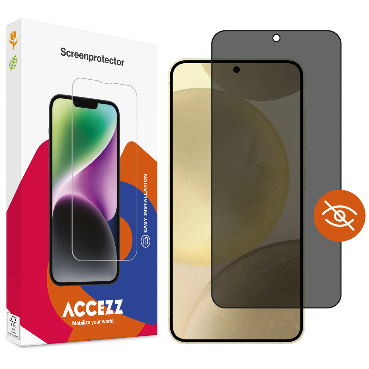Boîte avec protecteur d'écran et un téléphone avec deux protecteurs d'écran installés.
