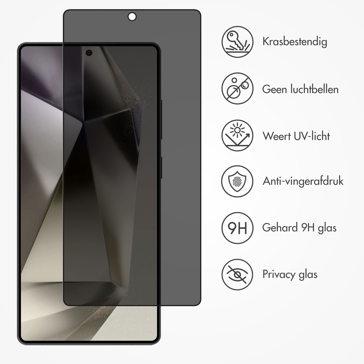 Zwarte smartphone met schermbeschermer. Pictogrammen met functies rechts.