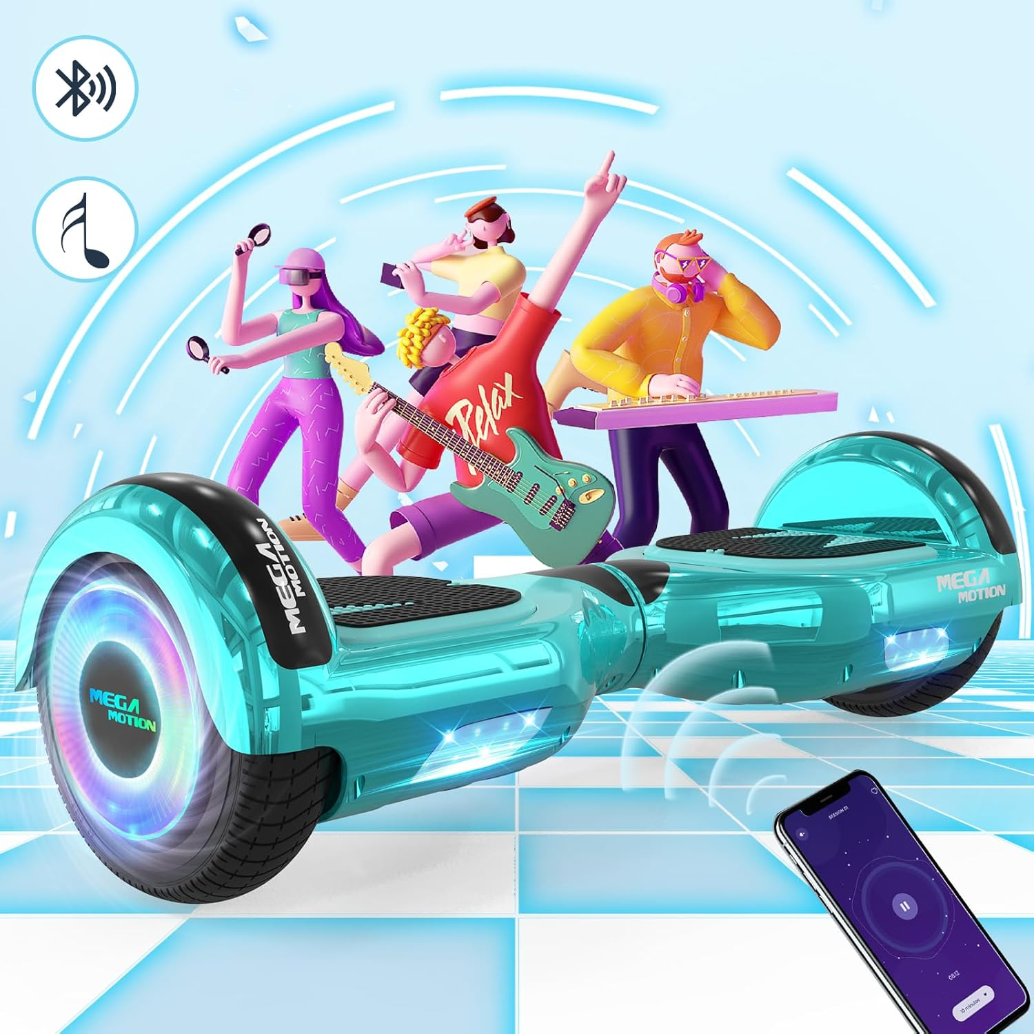 Grupa osób na hoverboardzie z telefonem. Grają muzykę.