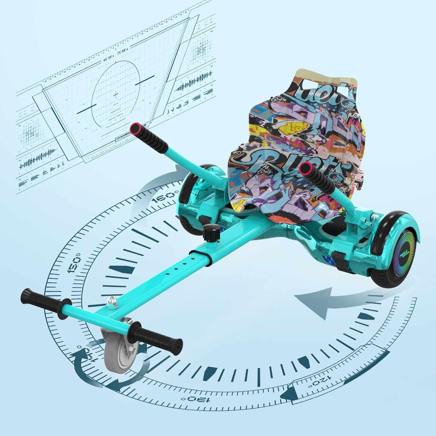 Niebieski hoverboard z siedzeniem, wzór graffiti. Okrąg ze strzałkami i numerami wokół niego.