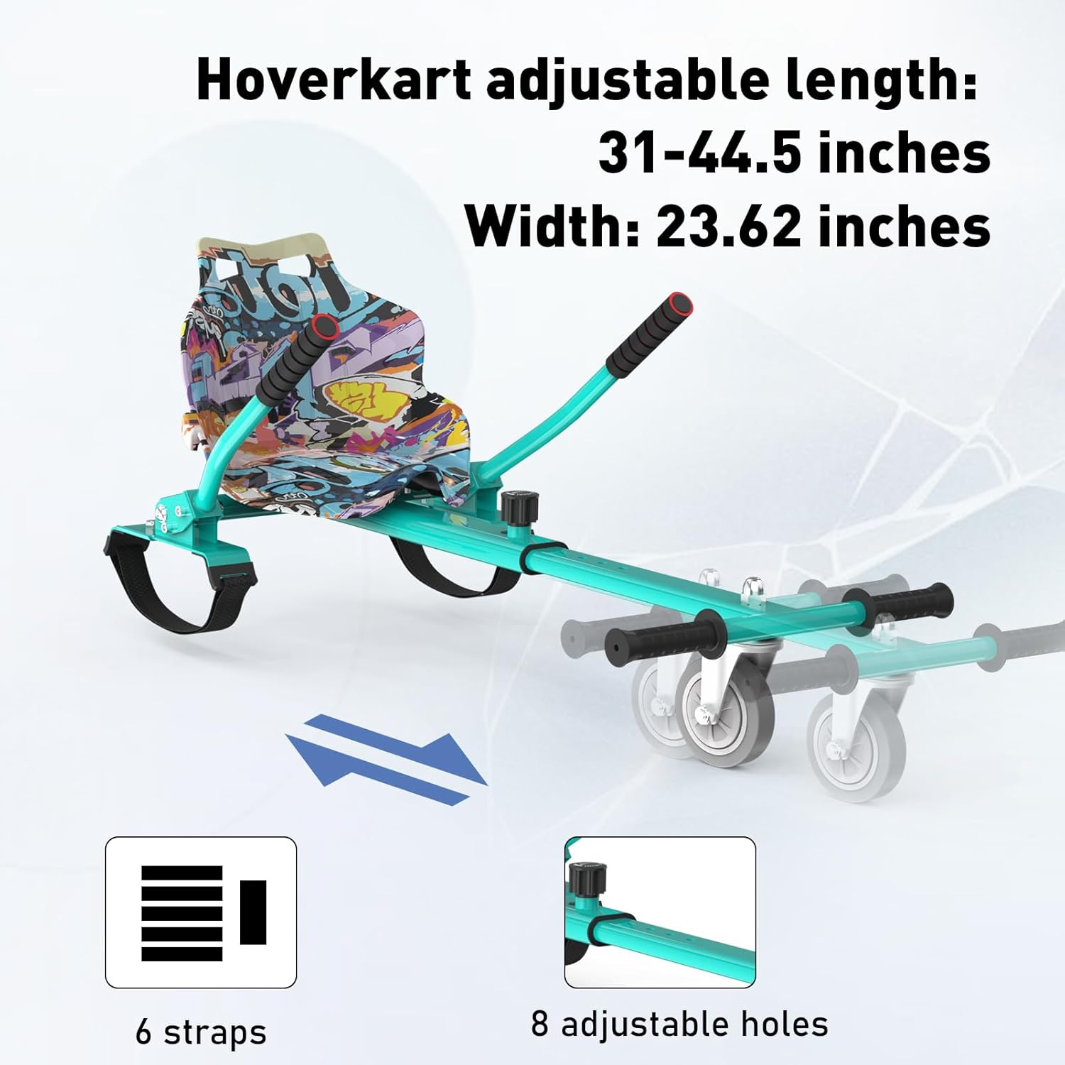Hoverkart z regulowaną długością, niebieską ramą, czarnymi uchwytami i 6 paskami.