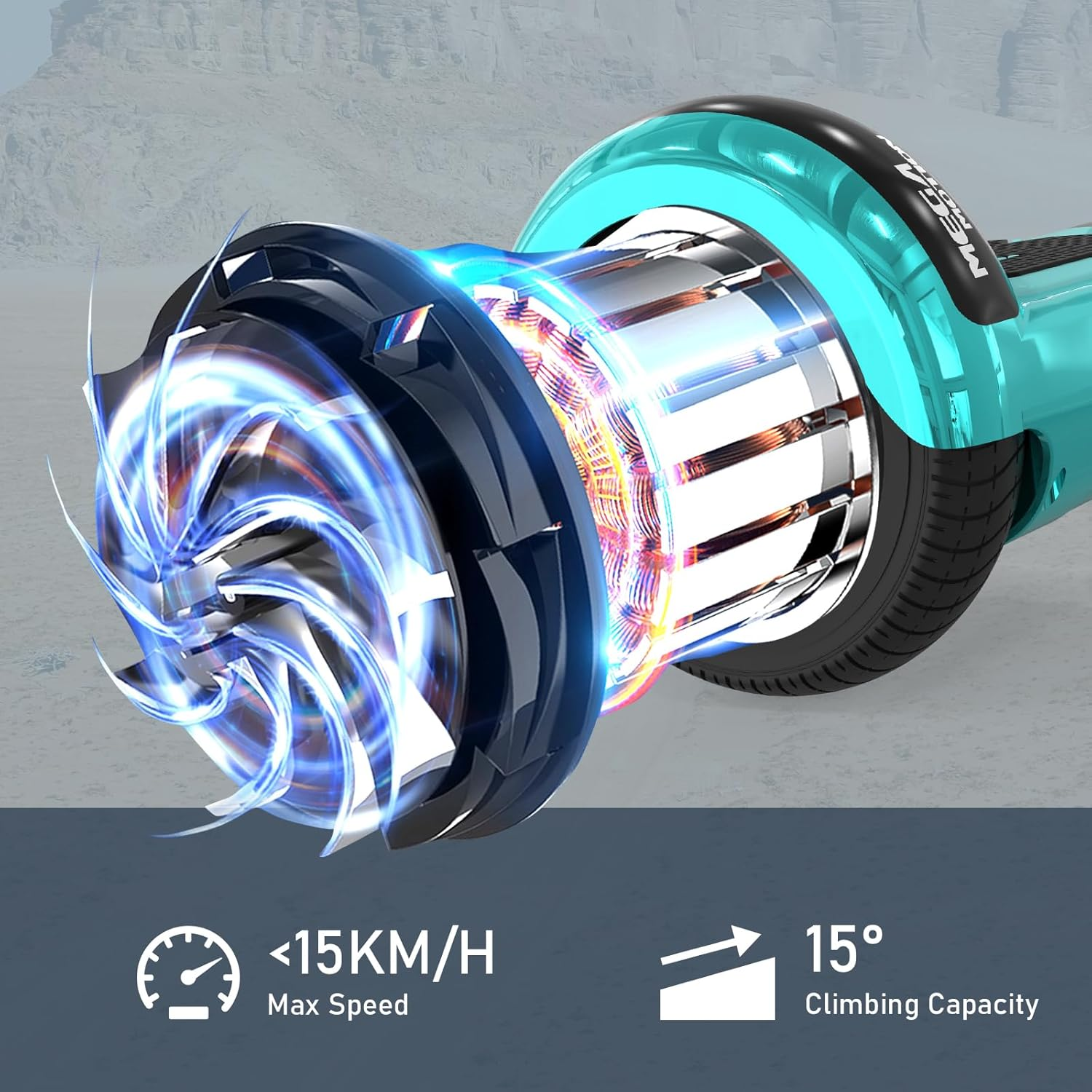 Turkusowa i czarna deskorolka elektryczna z obracającym się kołem i tekstem: <lt/>15KM/H Max Speed, 15° Climbing Capacity.