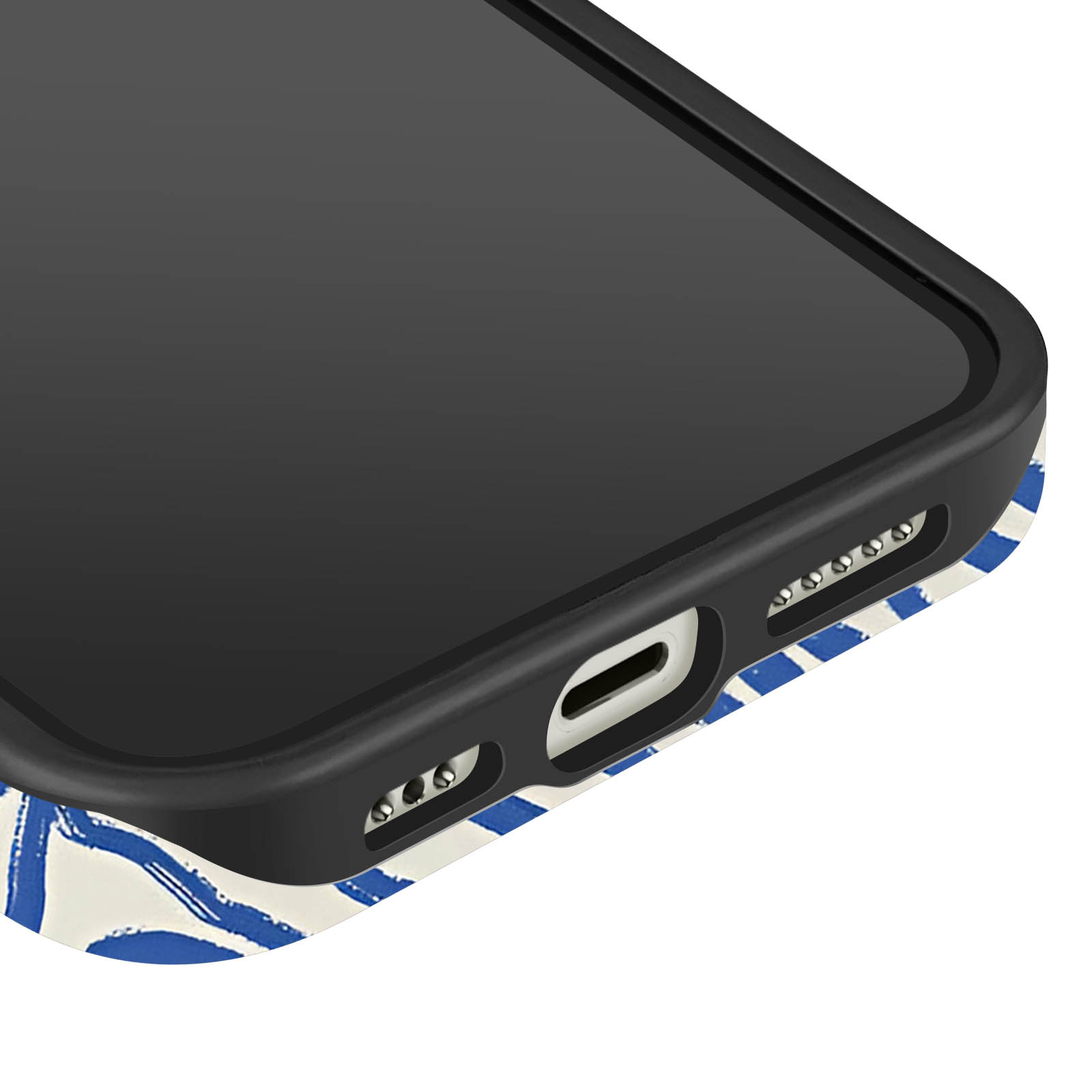 Close-up van een zwarte telefoon met een blauw-witte patroonhoes.