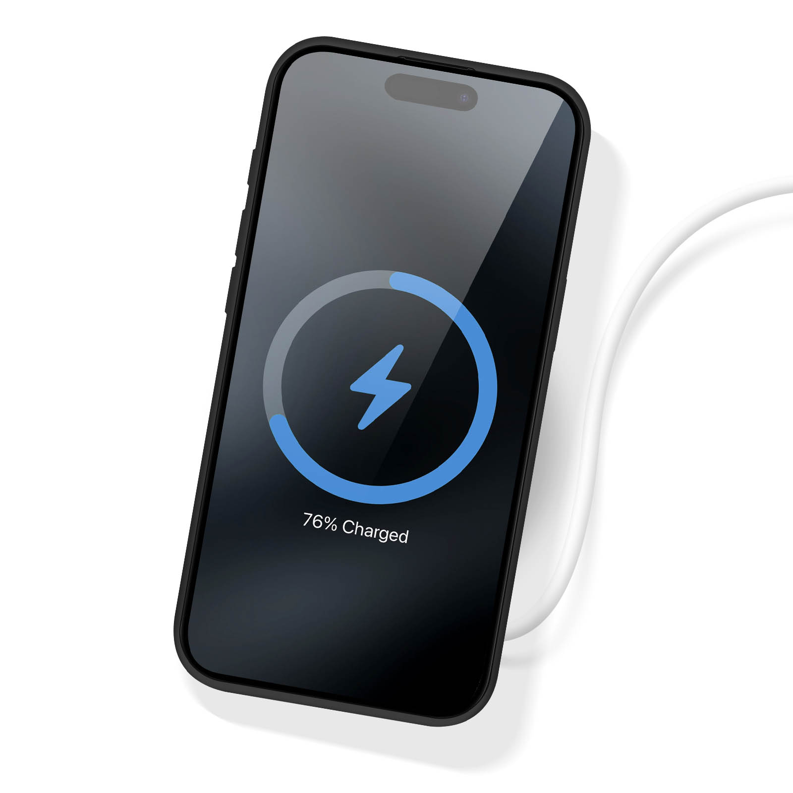 Zwarte smartphone draadloos aan het opladen. Scherm toont de voortgang.